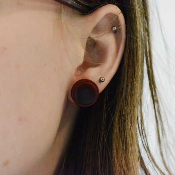 Deep Red Button Stud Earrings - Picture 3 of 4